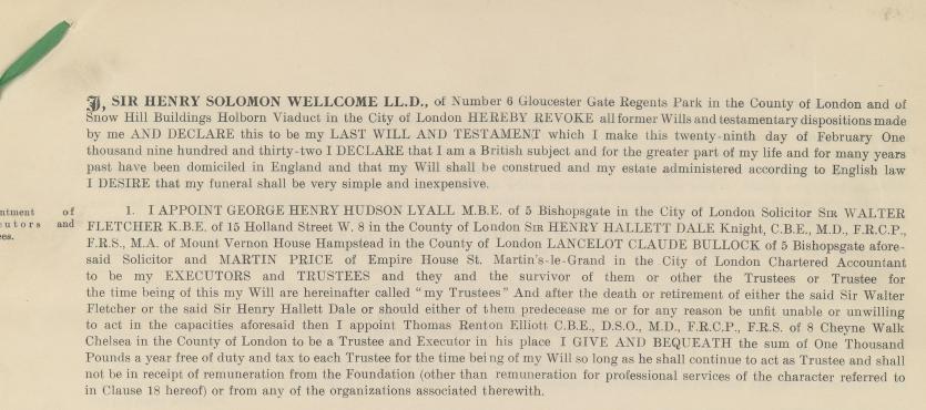 A printed copy of Henry Wellcome’s Will, dated 29th February 1932, which established the Wellcome Trust. Courtesy of the Wellcome Library, London